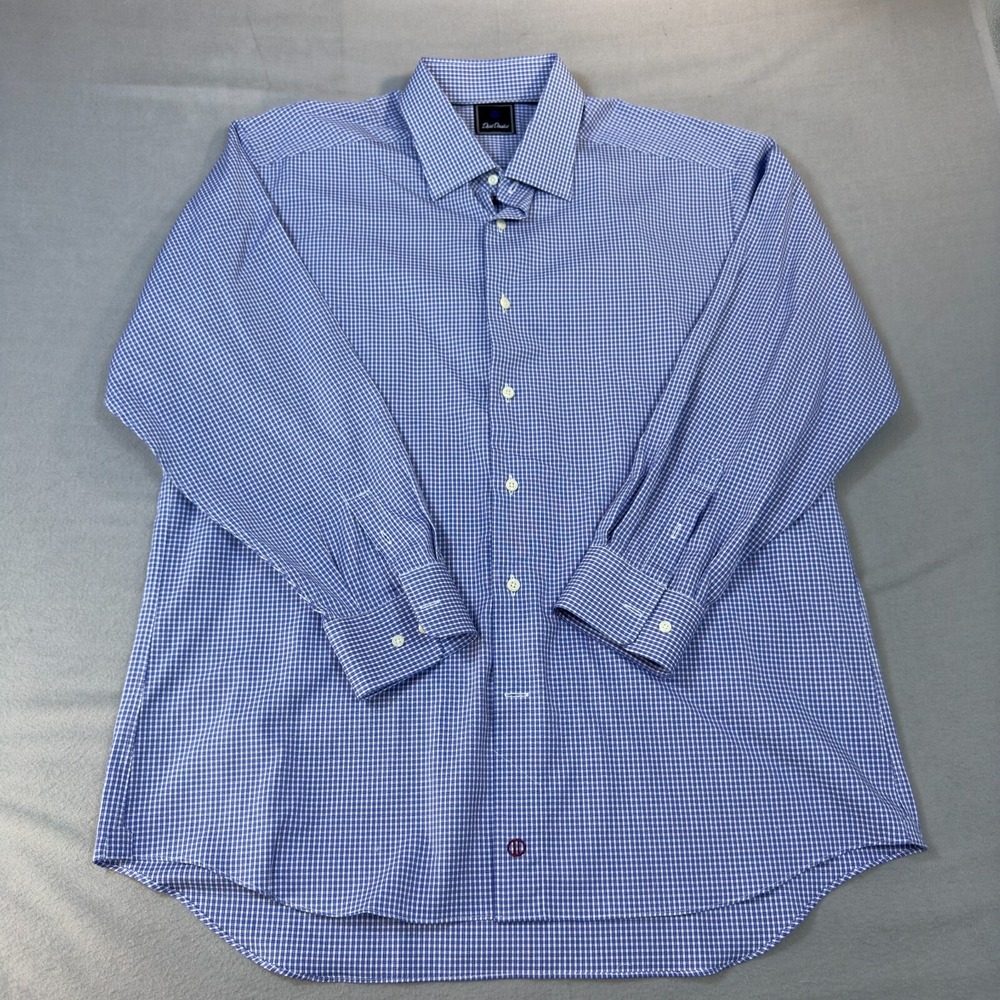 David Donahue Shirt 17 35 Blue Check Mens Button Down Long Sleeve 100% Cotton